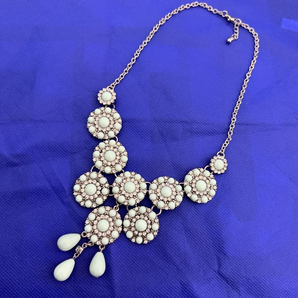 Silver Tone Green Resin Rhinestone Round Bib Necklace Womens 18 Inch Statement
